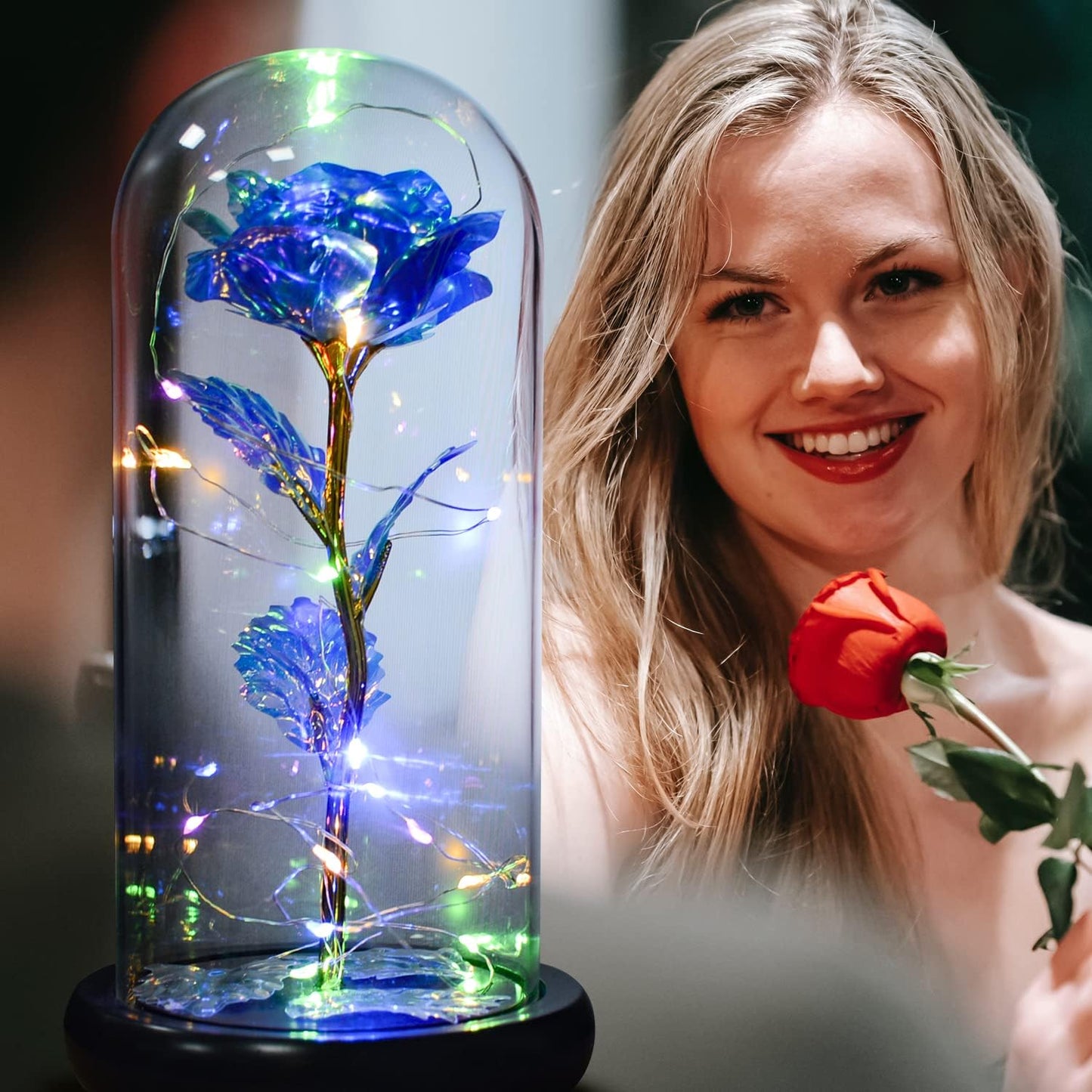 Beauty and Beast Rose,Galaxy Flower Rose Gift for Girlfriend,Glass Flower Roses,Unique Gifts for Women, Christmas, Birthday,Thanksgiving,Anniversary (Blue)